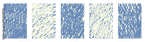Blue monochrome crayon doodle vector pattern collection. Abstract creative hand drawn scratchy line textures for kids design. Fun child sketch chaotic scribble pastel drawing backgrounds set