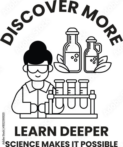 A woman in a lab coat is shown with a bottle of liquid in front of her