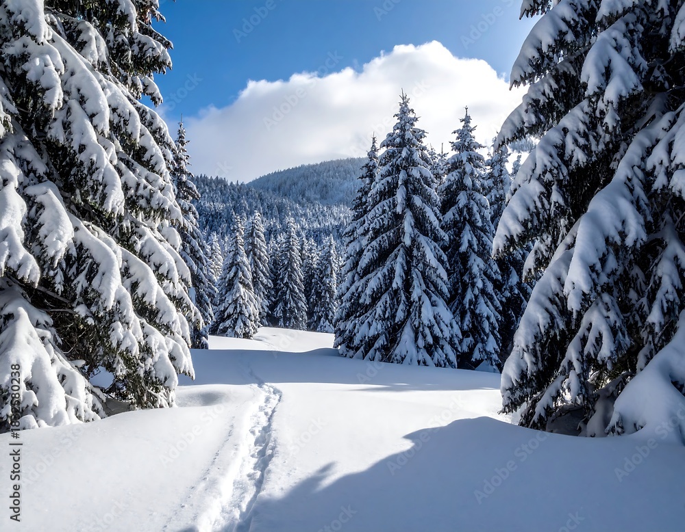 Obraz premium Snowy forest scene with fir trees and a trail path
