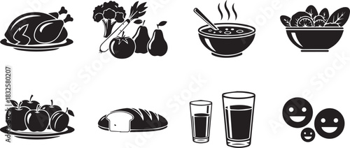 Assortment of Eight Black and White Food and Drink Icons