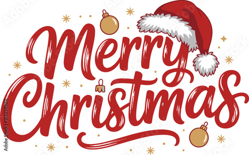 Red Merry Christmas text with Santa hat and ornaments