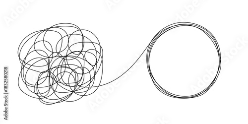 Chaotic tangled line transforms into circle knot illustration. concept showing problem-solving path from mess to order eps 10