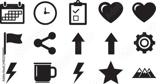 Collection of Black Icons Representing Time Tasks and Nature