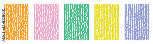 Vibrant kids doodle vector stripe wave pattern set. Hand drawn warped curved organic lines. Retro funky art backgrounds in pink green yellow orange blue. Wavy creative childlike design graphics.