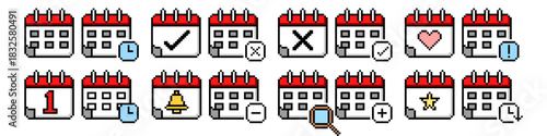 Pixel Set Calendar Icon Vector Ideal for gaming interfaces, scheduling, time, and planning graphics in a retro 8-bit style. Symbolizes date, appointment, planning, and time management.