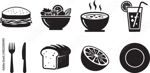 Food and Drink Icons Set Keywords: food, drink, burger, salad, soup, juice, fork, knife, bread