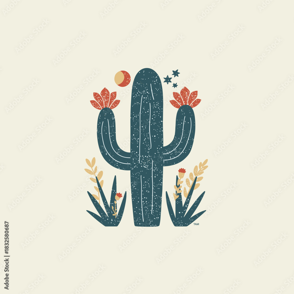 custom made wallpaper toronto digitalVintage Desert Cactus Illustration with Colorful Flowers – Retro Botanical Artwork