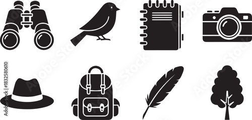 Outdoor adventure and nature exploration icons binoculars