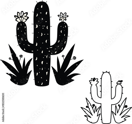 Wallpaper Mural Bold Black Cactus Silhouette – Minimalist Desert Plant Line Art Torontodigital.ca