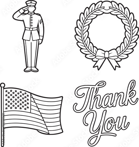 United States soldier saluting laurel wreath American flag and thank you text military salute