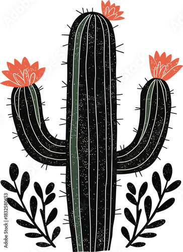 Wallpaper Mural Bold Black Cactus Silhouette – Minimalist Desert Plant Line Art Torontodigital.ca