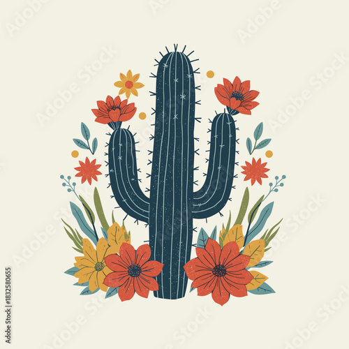 Wallpaper Mural Vintage Desert Cactus Illustration with Colorful Flowers – Retro Botanical Artwork Torontodigital.ca