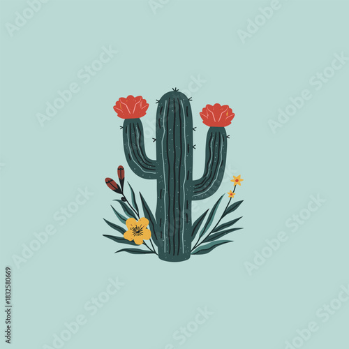Wallpaper Mural Vintage Desert Cactus Illustration with Colorful Flowers – Retro Botanical Artwork Torontodigital.ca