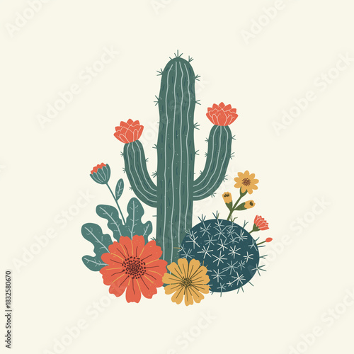 Wallpaper Mural Vintage Desert Cactus Illustration with Colorful Flowers – Retro Botanical Artwork Torontodigital.ca