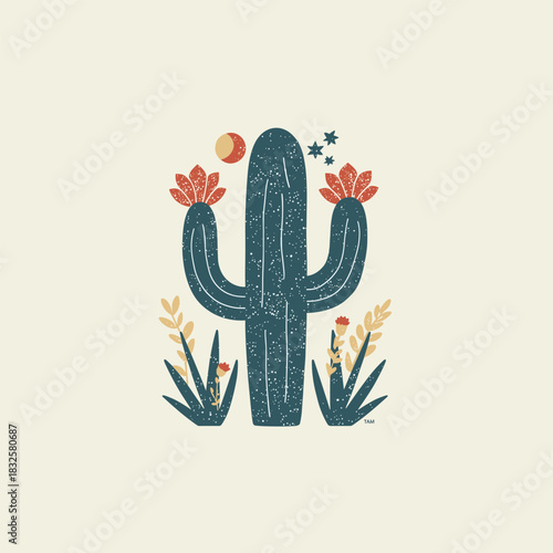 Wallpaper Mural Vintage Desert Cactus Illustration with Colorful Flowers – Retro Botanical Artwork Torontodigital.ca