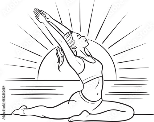 Woman in yoga pose with arms raised in front of a sunburst and water exercise fitness