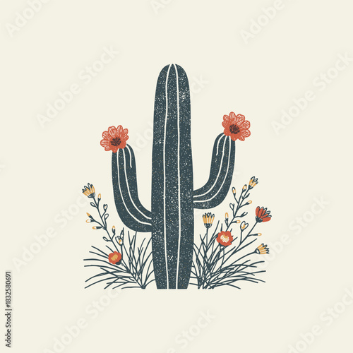Wallpaper Mural Vintage Desert Cactus Illustration with Colorful Flowers – Retro Botanical Artwork Torontodigital.ca