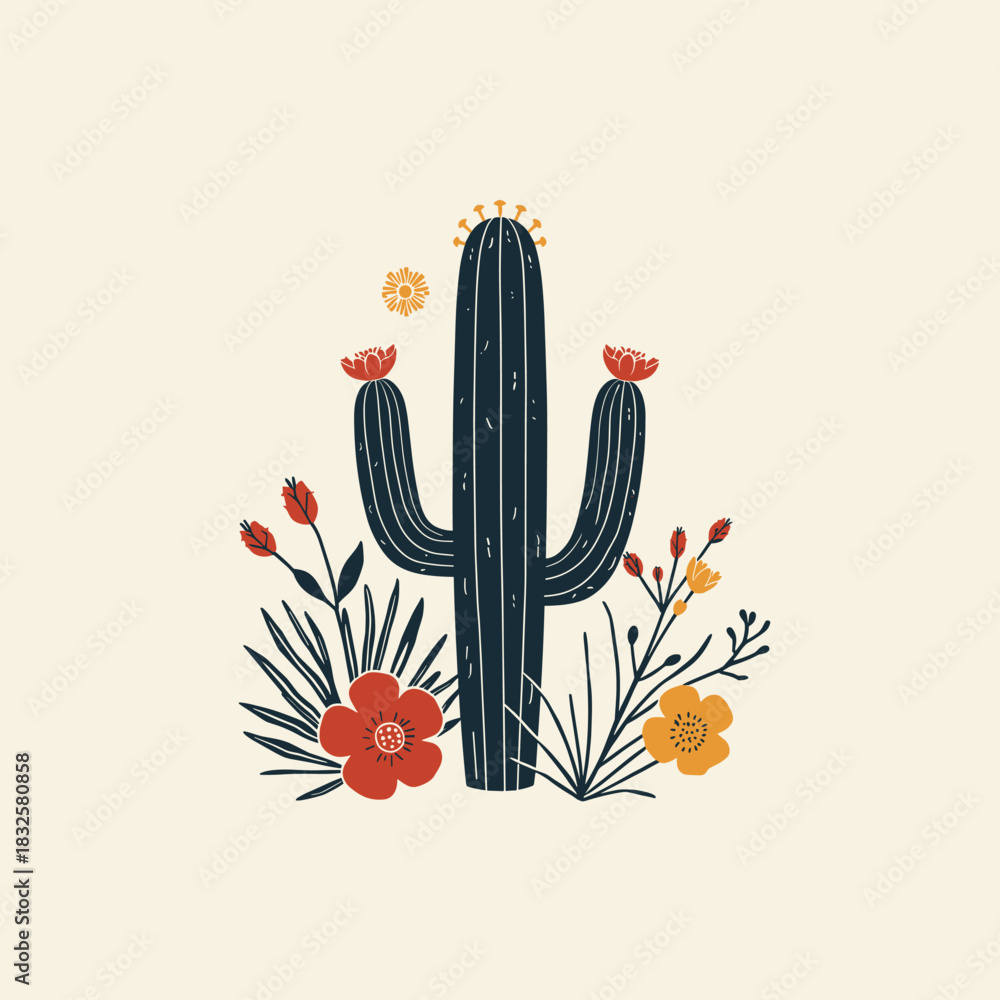 Fototapeta premium Cute Floral Cactus Illustration with Desert Flowers – Hand-Drawn Botanical Design