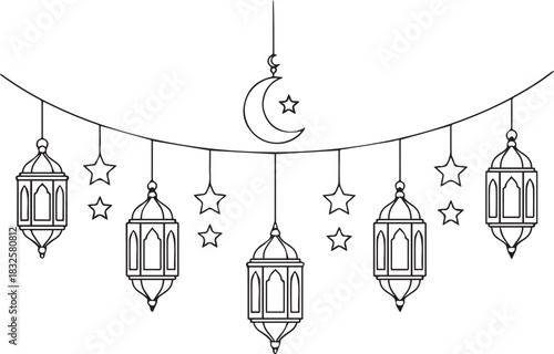 Elegant Ramadan Decoration with Lanterns Crescent Moon and Stars Outline Style