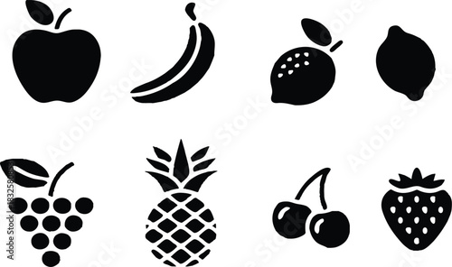 Black silhouette icons of various fruits on white background apple banana