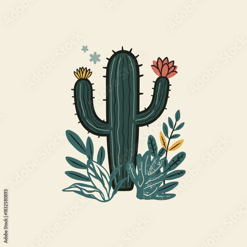 Wallpaper Mural Cute Floral Cactus Illustration with Desert Flowers – Hand-Drawn Botanical Design Torontodigital.ca