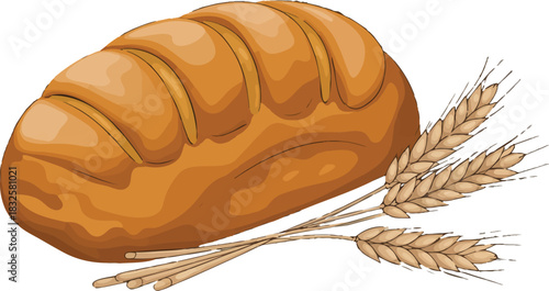 Golden Loaf of Bread with Wheat Stalks Illustration grain baking