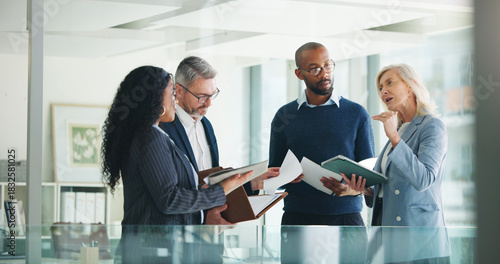 Принти на полотні Business, documents and people with meeting discussion for finance trends, policy decision or update