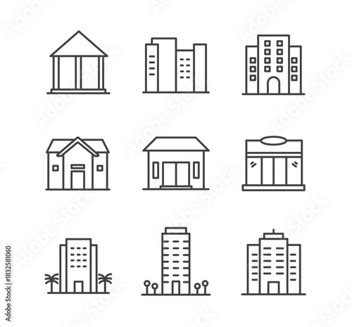 Buildings line editable stroke icons set. Vector illustration