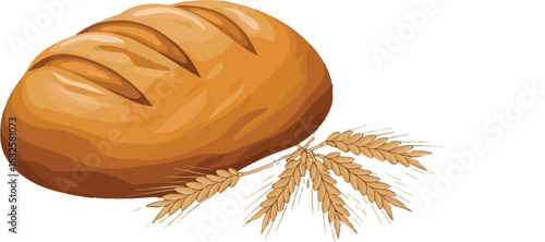 Golden Loaf of Bread with Wheat Stalks on White Background baked golden brown