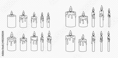 Outline vector illustration set of burning candles with dripping wax in various shapes and sizes.