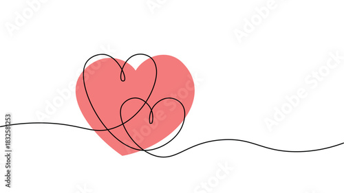 Happy Valentine's day banner with heart in continuous one line drawing and red filled hearts. Trendy minimal banner design. Romantic symbol for Valentines card in simple liner style. Editable stroke