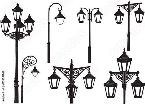 Variety of vintage street lights vector illustration collection isolated on white