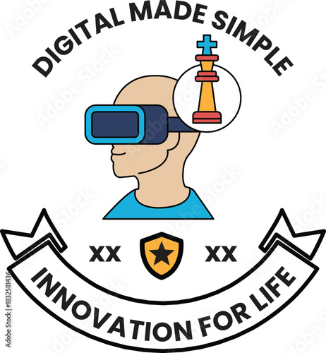 A man wearing a VR headset is shown with a chess piece on his head