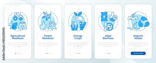 Biomass energy sources blue onboarding mobile app screen. Walkthrough 5 steps editable graphic instructions with linear concepts. UI, UX, GUI. Montserrat SemiBold, Regular fonts used