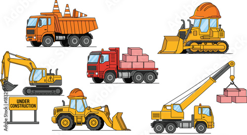 Flat Vector Illustration Set of Construction Site Vehicles Including Dump Truck, Excavator, Bulldozer, Crane, and Front Loader for Industrial Projects.