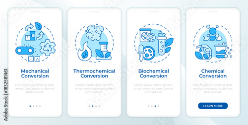 Bioenergy conversion blue onboarding mobile app screen. Walkthrough 4 steps editable graphic instructions with linear concepts. UI, UX, GUI. Montserrat SemiBold, Regular fonts used