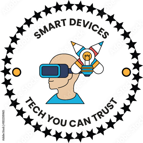 A man wearing a virtual reality headset is shown with a light bulb on his head