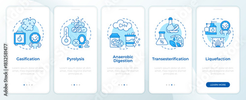 Biomass transformation types blue onboarding mobile app screen. Walkthrough 5 steps editable graphic instructions with linear concepts. UI, UX, GUI. Montserrat SemiBold, Regular fonts used