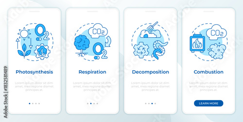 Carbon dioxide cycle blue onboarding mobile app screen. Walkthrough 4 steps editable graphic instructions with linear concepts. UI, UX, GUI. Montserrat SemiBold, Regular fonts used