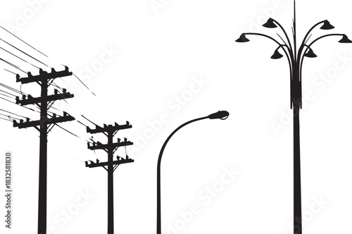 Vector Illustration of Utility Poles and Street Lights in Black and White