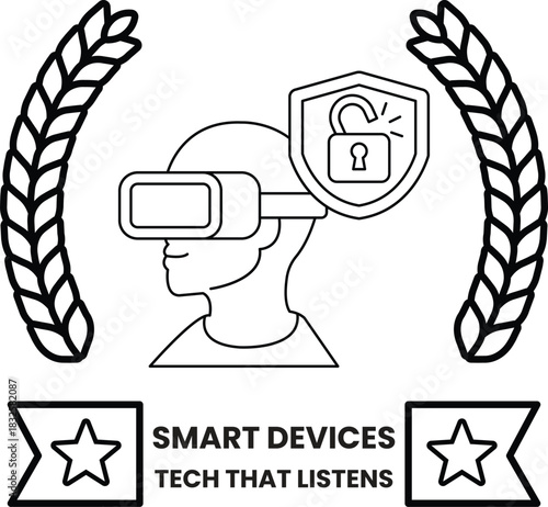 A man wearing a virtual reality headset is standing in front of a shield