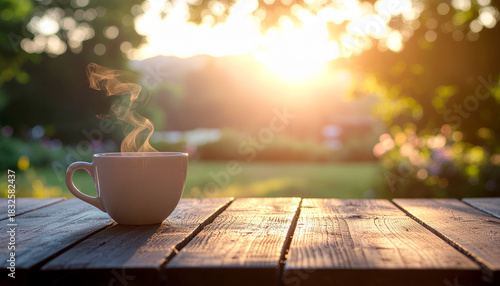A steaming cup sits on a wooden table, bathed in the warm glow of the rising or setting sun in a natural setting.