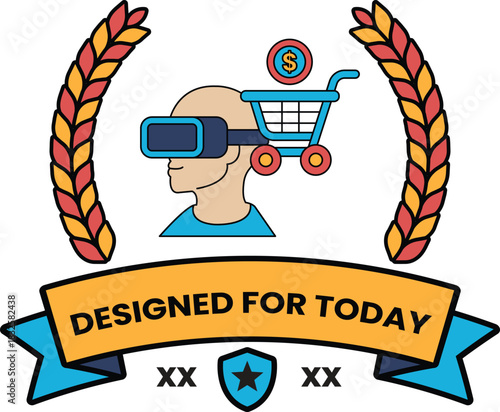 A man wearing a virtual reality headset is standing next to a shopping cart