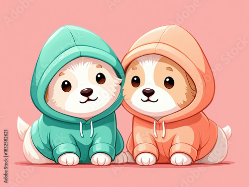 Adorable puppies wearing cozy hoodies against a soft pink background