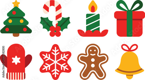 Christmas icons tree candy cane candle gift mitten snowflake gingerbread bell