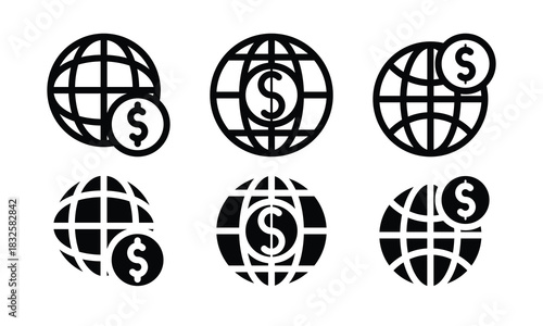Global Finance Globe Icon Set with Dollar Currency Symbols in Solid and Outline Style