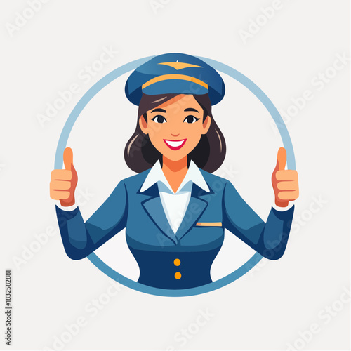 Happy Female Flight Attendant Giving Thumbs Up and Smiling, Isolated White Background