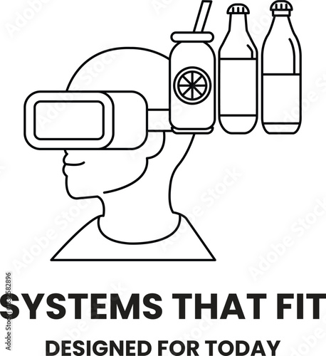 A man wearing a virtual reality headset with a bottle of soda on his head