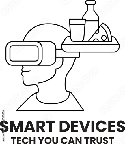 A man wearing a virtual reality headset is holding a tray with a pizza, a bottle