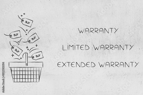 warranty options and buy labels falling into shopping cart illustration for ecommerce